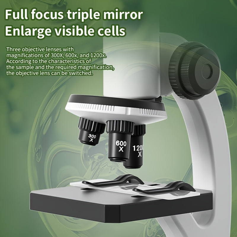 Kit microscopio didattico specifico per studenti - Microscopio scientifico con zoom 300X-1200X per uso interno, esterno e in laboratorio - Materiale PC resistente, ideale per biologia e tecniche di laboratorio, accessori per