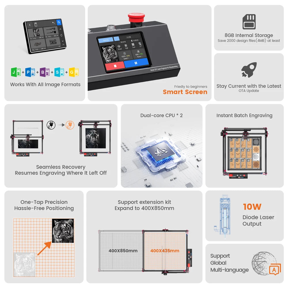 AlgoLaser DIY KIT MK2 Incisore laser Potenza di uscita 10 W, touch screen a colori da 3,5", controllo offline dell'app, strumento di taglio per incisore fai da te