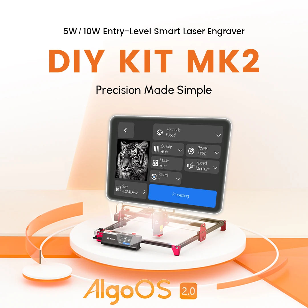 AlgoLaser DIY KIT MK2 Incisore laser Potenza di uscita 10 W, touch screen a colori da 3,5", controllo offline dell'app, strumento di taglio per incisore fai da te
