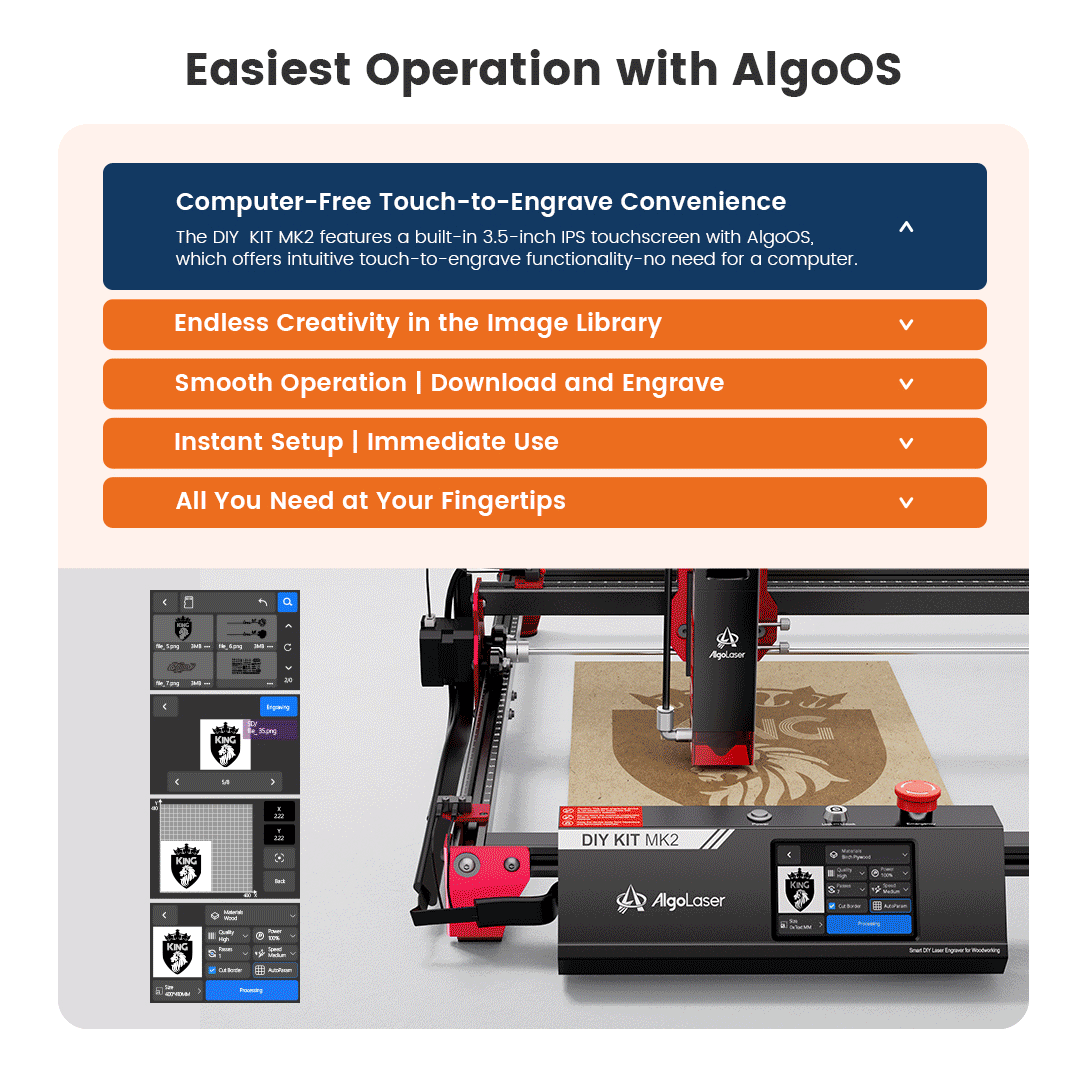 AlgoLaser DIY KIT MK2 Incisore laser Potenza di uscita 10 W, touch screen a colori da 3,5", controllo offline dell'app, strumento di taglio per incisore fai da te