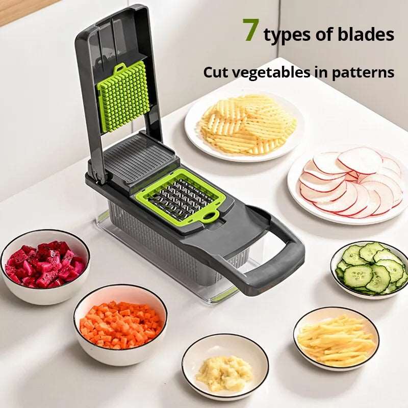 Affettatrice di Verdure Multifunzionale ,Trituratori Affettatrice Con Cesto di Frutta Patate Chopper Carota Grattugia