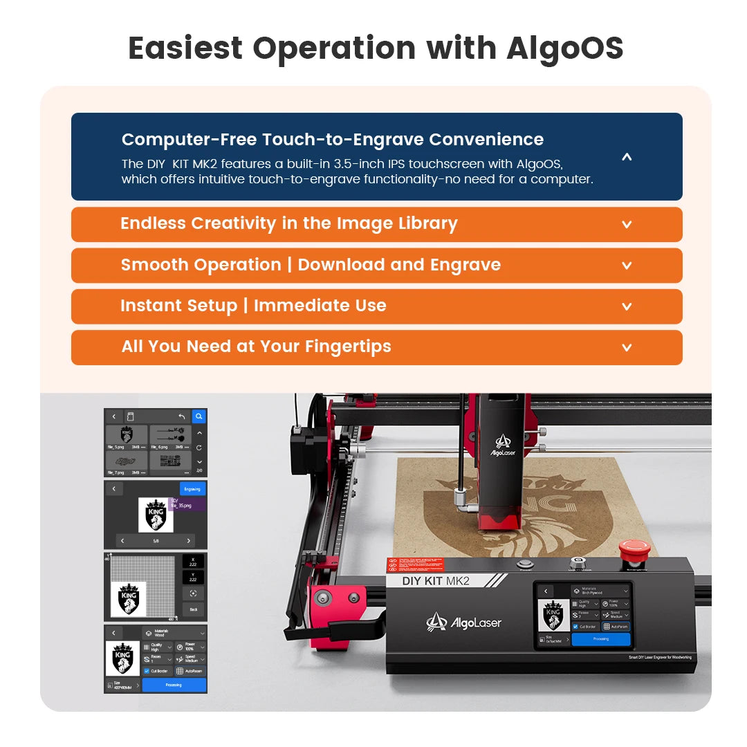 AlgoLaser DIY KIT MK2 Incisore laser Potenza di uscita 10 W, touch screen a colori da 3,5", controllo offline dell'app, strumento di taglio per incisore fai da te