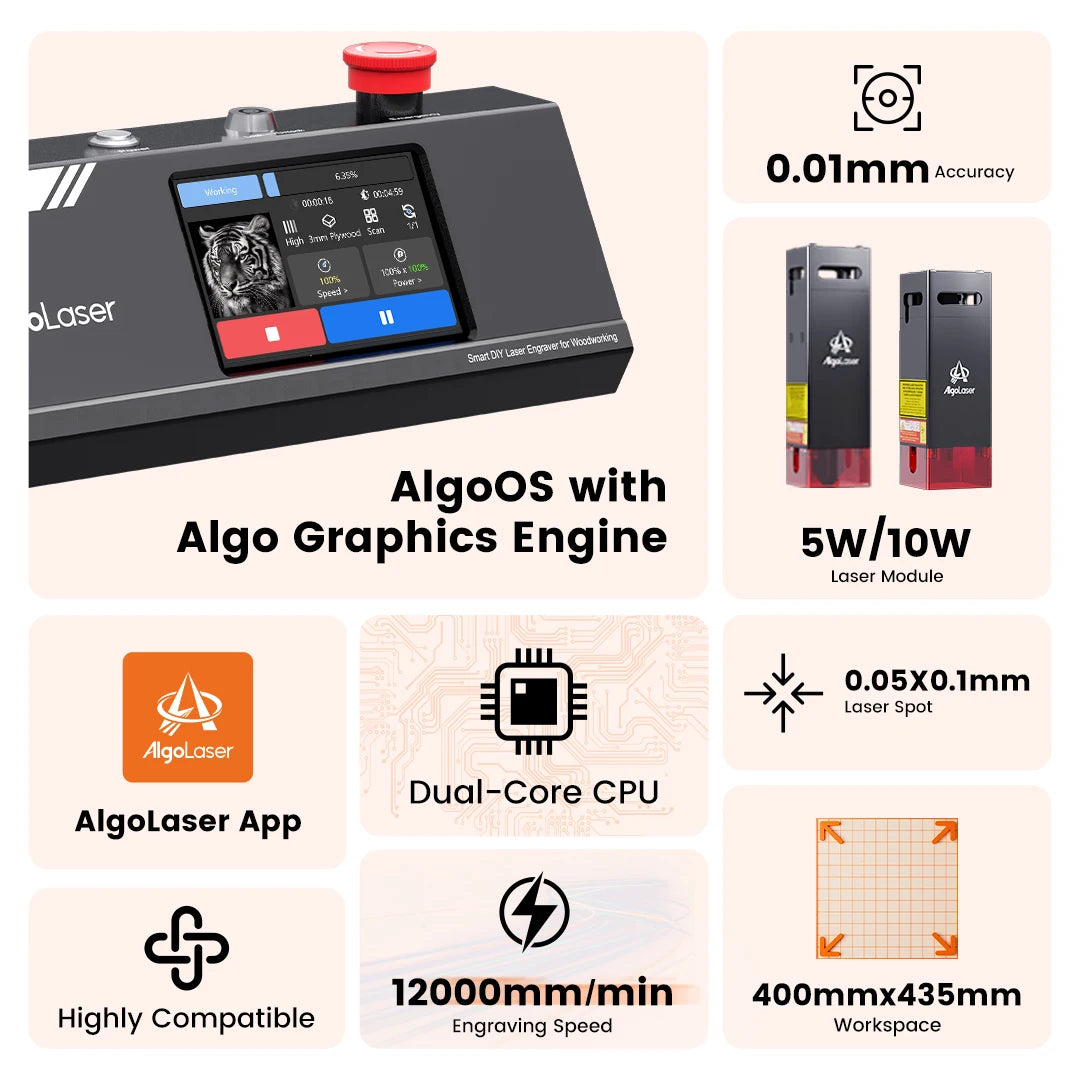 AlgoLaser DIY KIT MK2 Incisore laser Potenza di uscita 10 W, touch screen a colori da 3,5", controllo offline dell'app, strumento di taglio per incisore fai da te