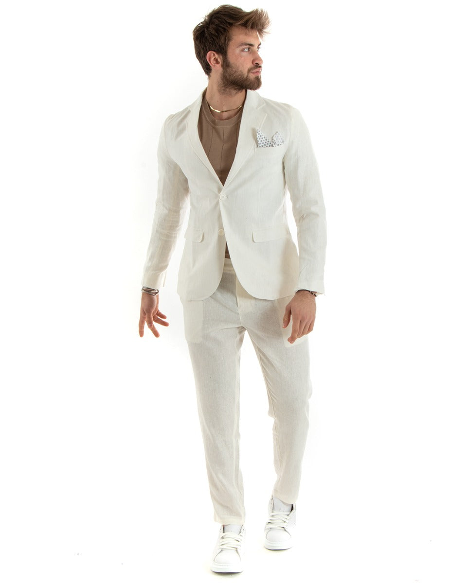 Abito Uomo Monopetto Completo Lino Sartoriale Giacca Pantaloni Tinta Unita Panna