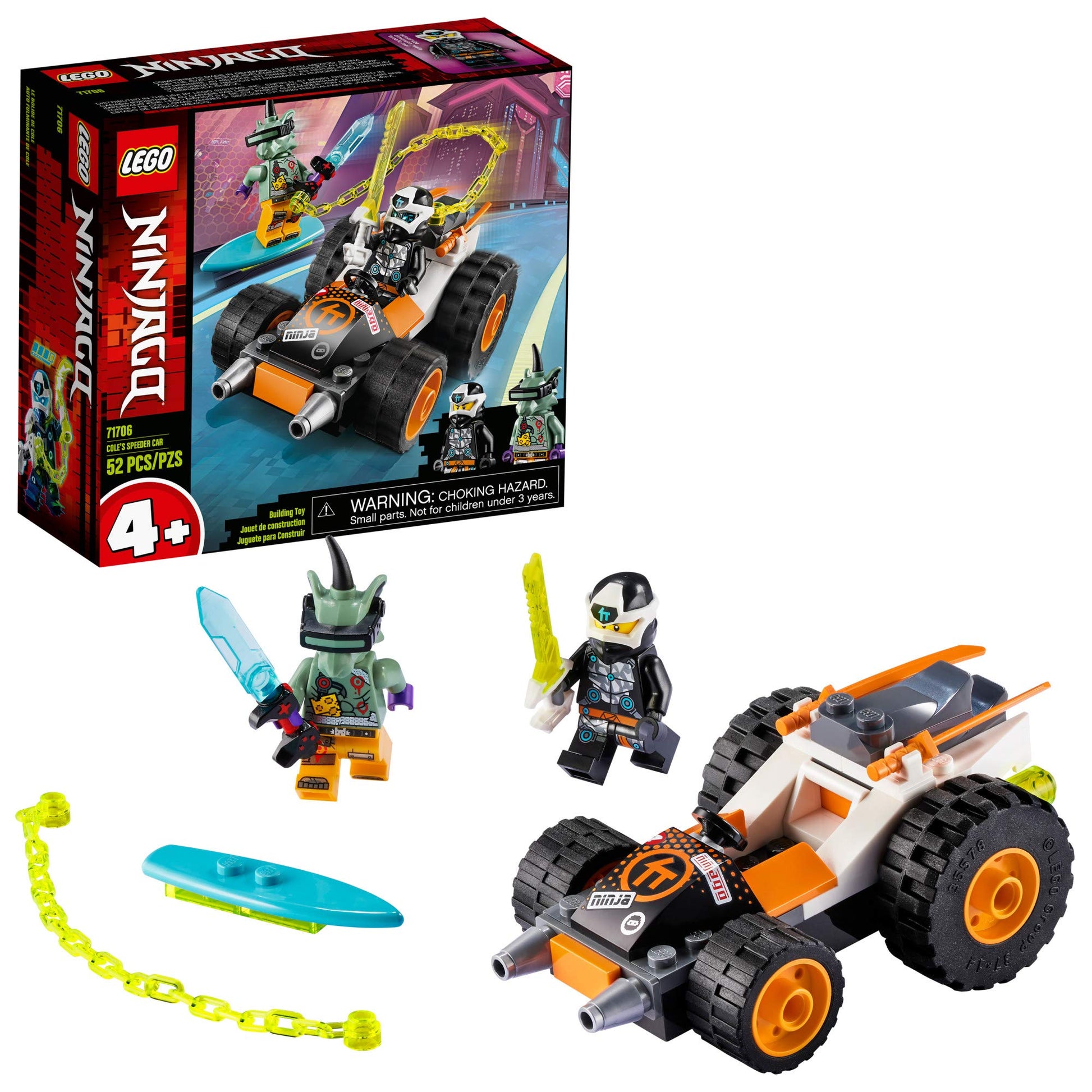LEGO & NINJAGO Cole’s Speeder Car 71706 Ninja Car Building Kit (52SPECIFICATIONSWarning: 4+Recommend Age: 12+y,18+,14+yPlastic Type: ABSPlastic Block Shape: Self-Locking BricksOrigin: Mainland ChinaModel Number: 71706Material: Plasmattoncino LegoIntermedia WorldI'M'"WorldSpeeder Car 71706 Ninja Car Building Kit (52 Pieces)