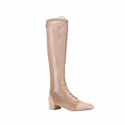 CHOLE Lace Up Fishnet Suede Knee High Summer Boots