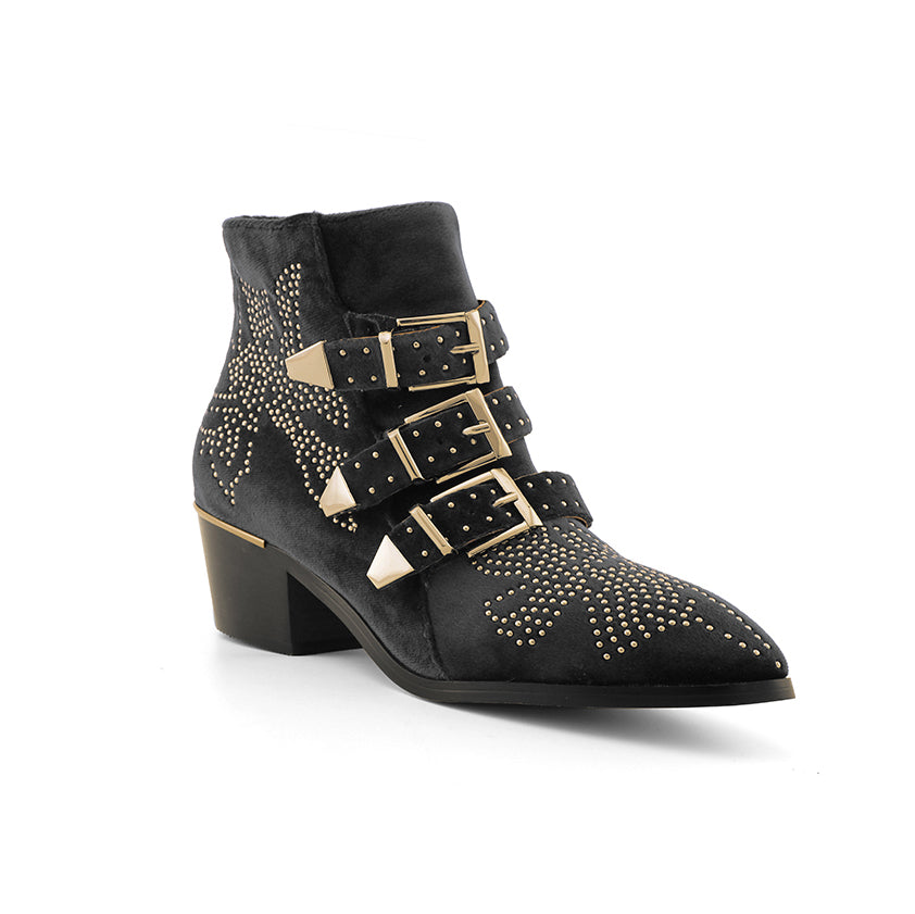 CARMEN Chloe Gold Studded Velvet Ankle Boots