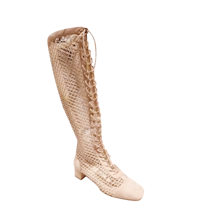 CHOLE Lace Up Fishnet Suede Knee High Summer Boots