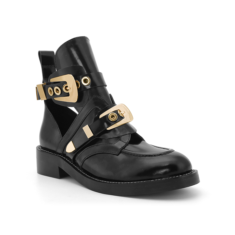 Exclusive - WOMEN-CRUSH Black Cutout Boots - Gold Buckles