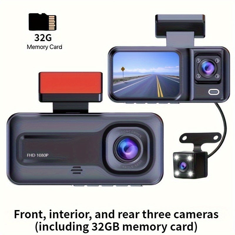 Tripla Fotocamera HD Visione Notturna - Scatola Nera DVR Auto a 3 Canali con Obiettivi Integrati Anteriore/Posteriore, Registrazione 1.3MP, Video in Loop 24h e Funzione Infrarossi
