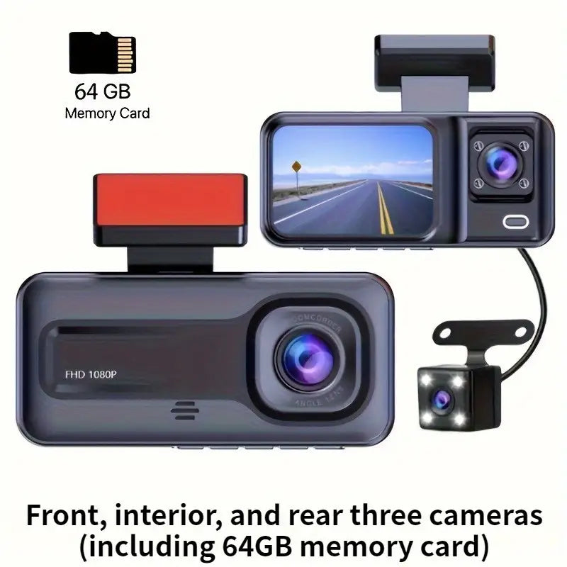 Tripla Fotocamera HD Visione Notturna - Scatola Nera DVR Auto a 3 Canali con Obiettivi Integrati Anteriore/Posteriore, Registrazione 1.3MP, Video in Loop 24h e Funzione Infrarossi