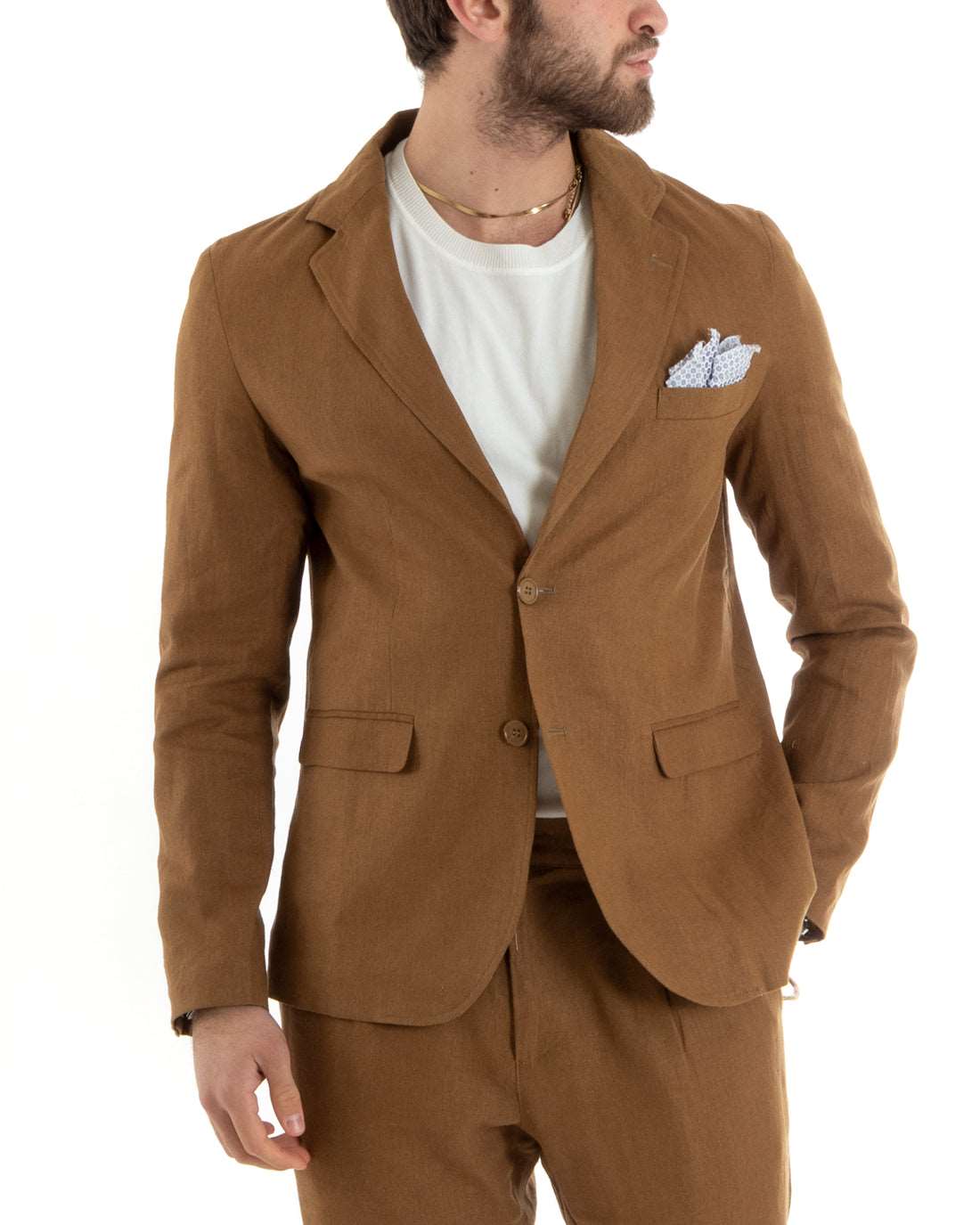 Abito Uomo Monopetto Completo Lino Sartoriale Giacca Pantaloni Tinta Unita Camel