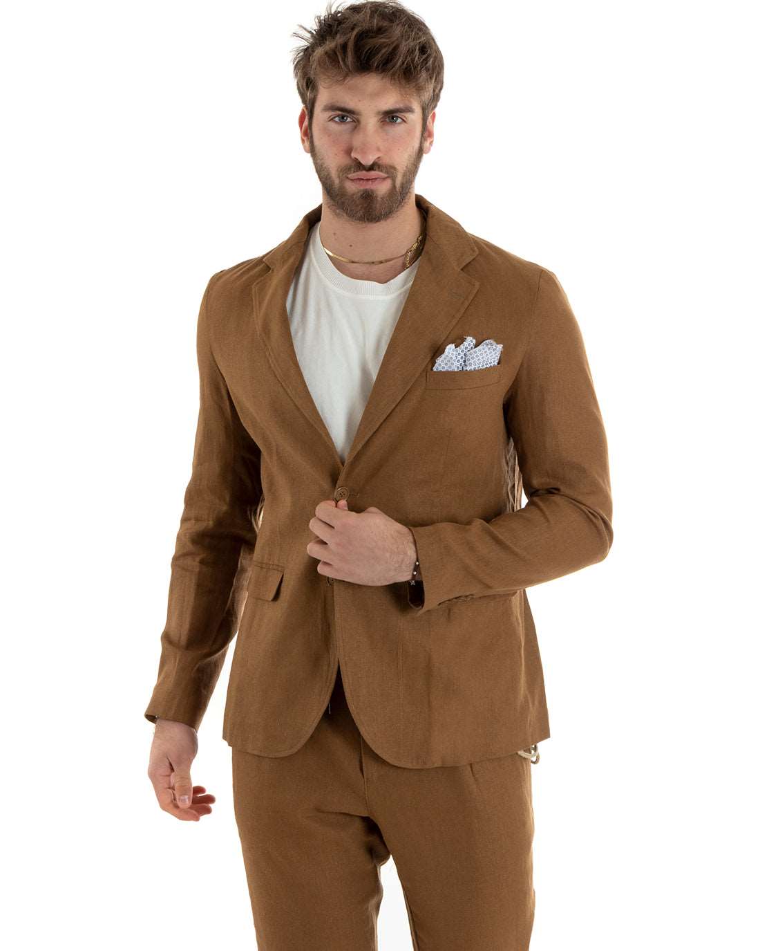 Abito Uomo Monopetto Completo Lino Sartoriale Giacca Pantaloni Tinta Unita Camel