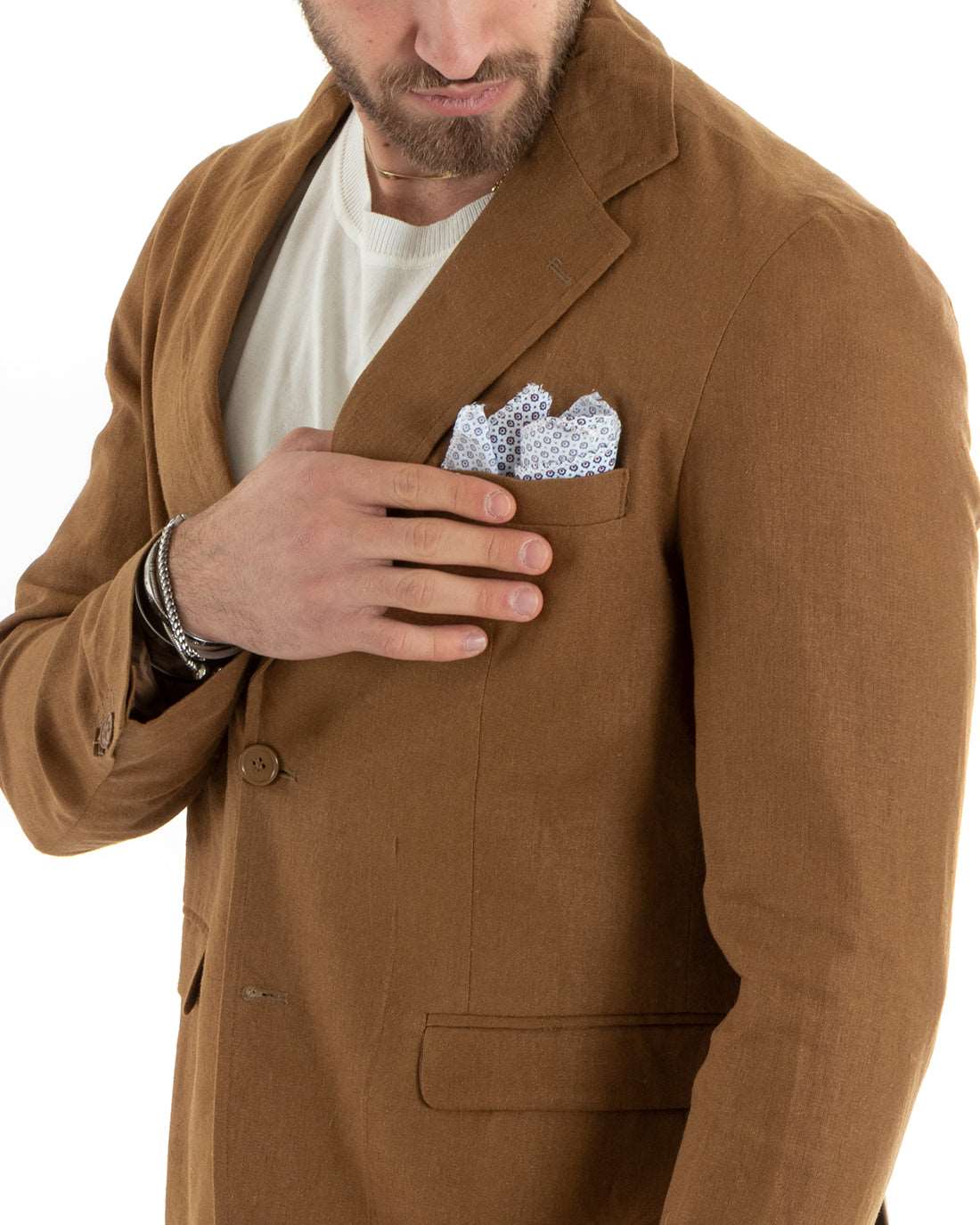 Abito Uomo Monopetto Completo Lino Sartoriale Giacca Pantaloni Tinta Unita Camel