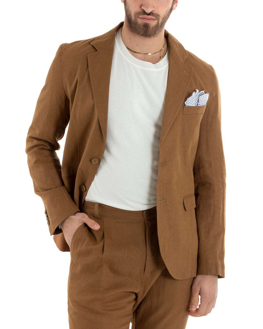 Abito Uomo Monopetto Completo Lino Sartoriale Giacca Pantaloni Tinta Unita Camel