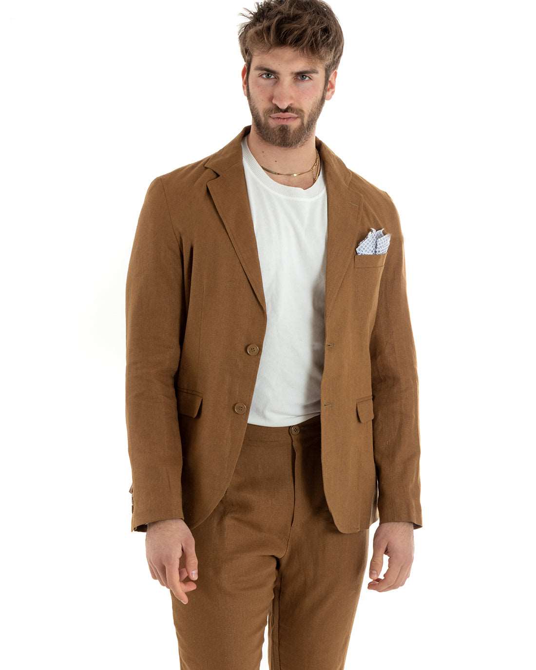 Abito Uomo Monopetto Completo Lino Sartoriale Giacca Pantaloni Tinta Unita Camel