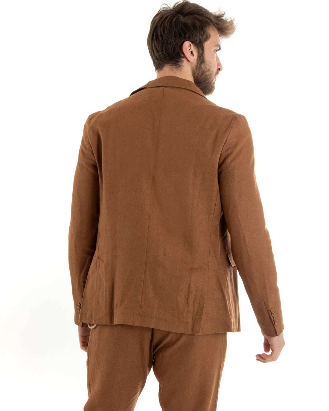 Abito Uomo Monopetto Completo Lino Sartoriale Giacca Pantaloni Tinta Unita Camel