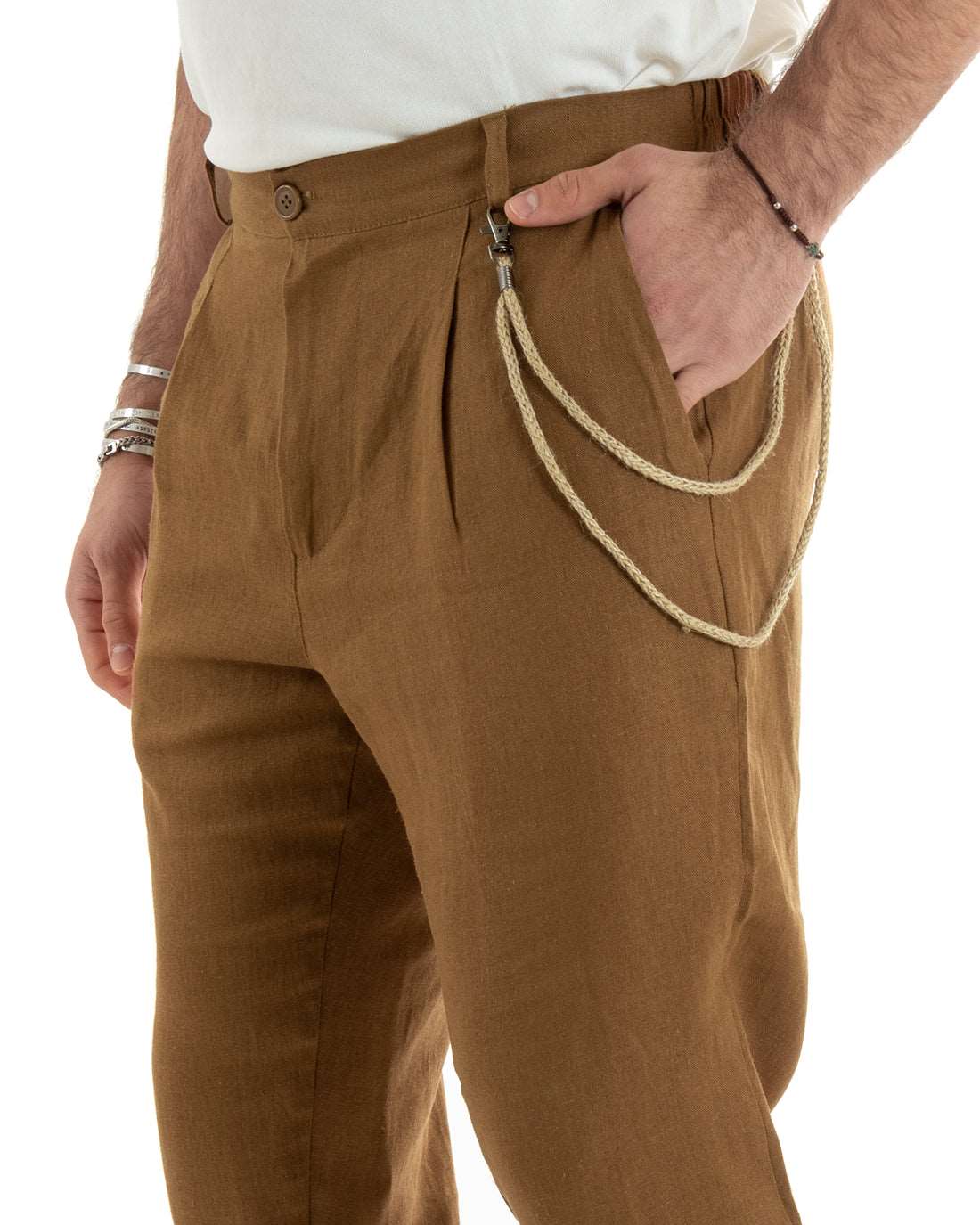 Abito Uomo Monopetto Completo Lino Sartoriale Giacca Pantaloni Tinta Unita Camel