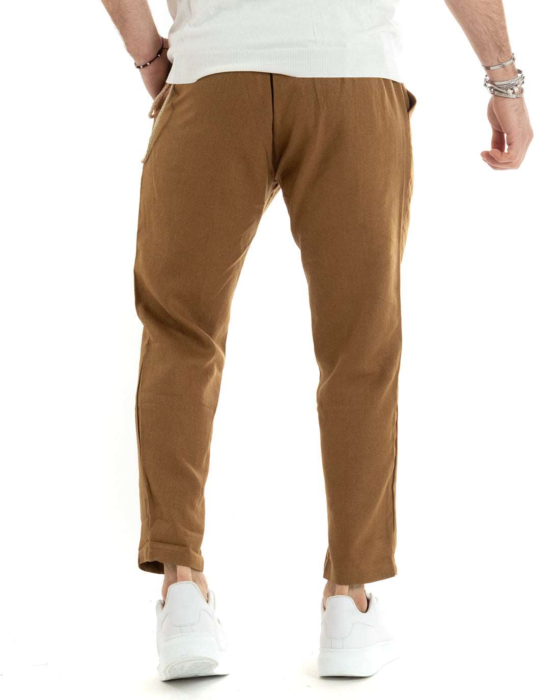 Abito Uomo Monopetto Completo Lino Sartoriale Giacca Pantaloni Tinta Unita Camel