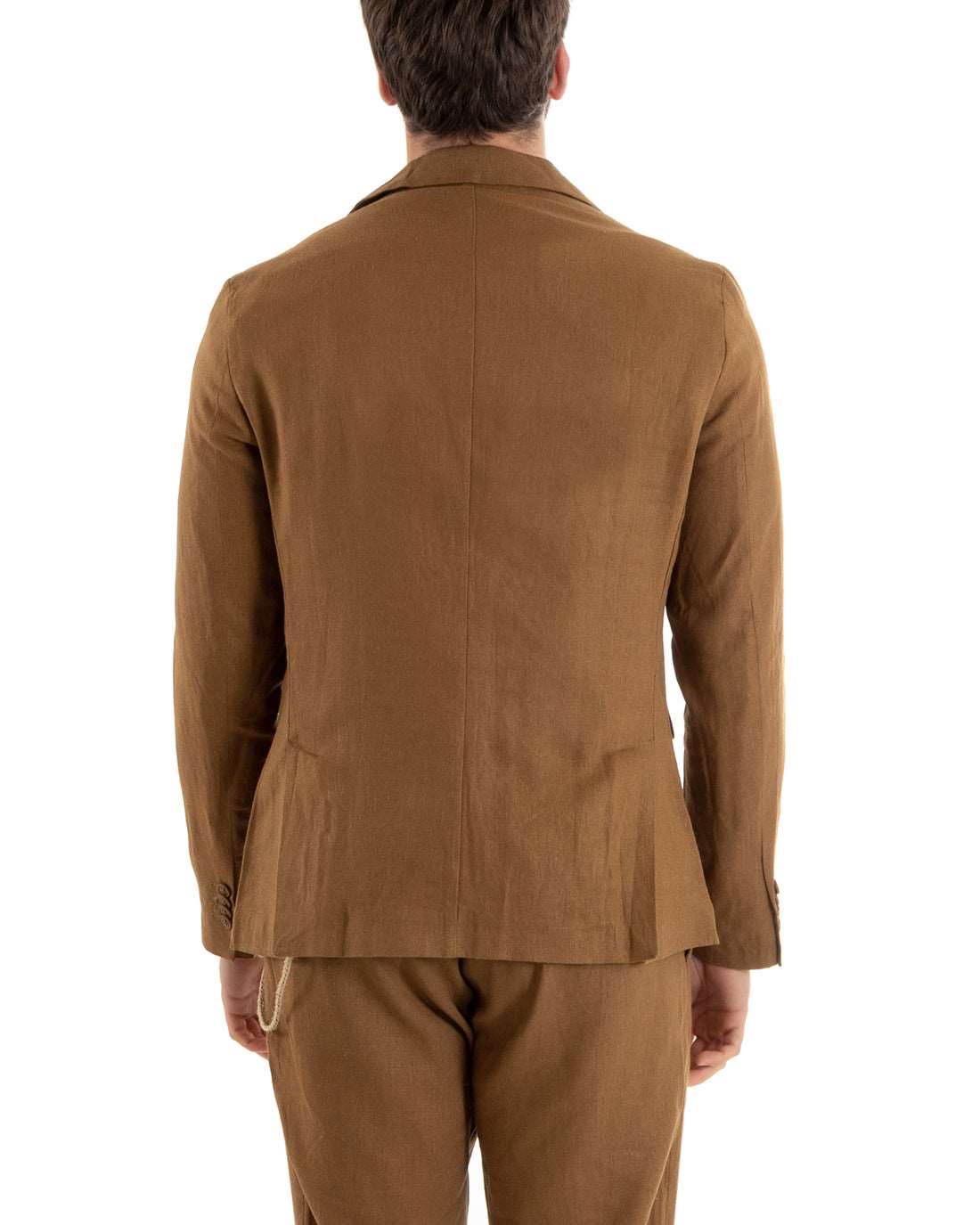 Abito Uomo Monopetto Completo Lino Sartoriale Giacca Pantaloni Tinta Unita Camel