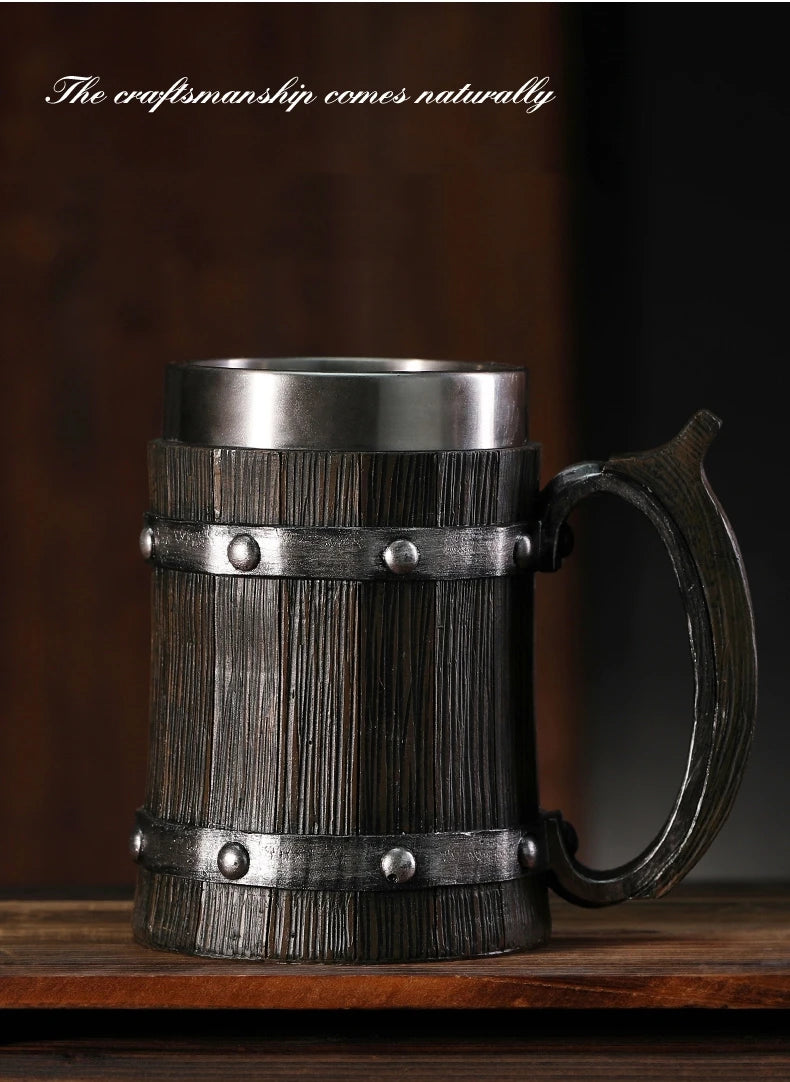 Boccale da birra in stile legno vichingo Tazza da caffè in acciaio inossidabile in resina