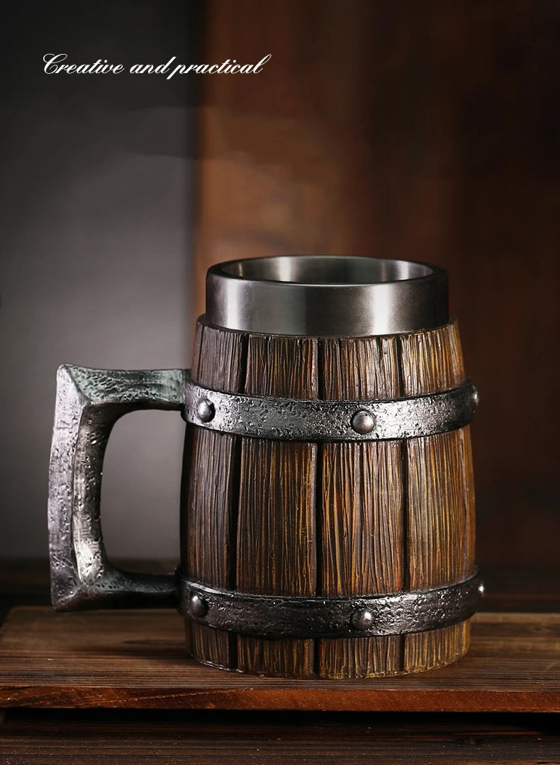 Boccale da birra in stile legno vichingo Tazza da caffè in acciaio inossidabile in resina