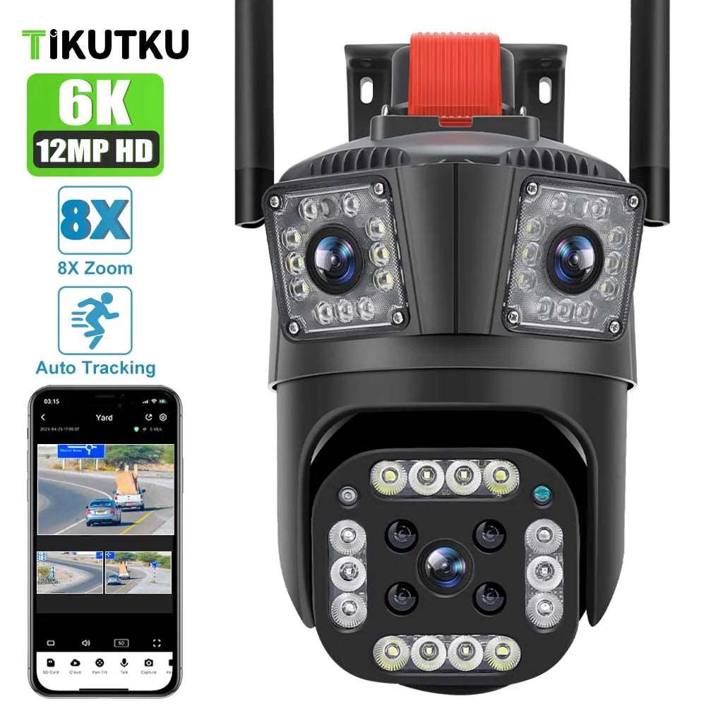 6K 12MP Telecamera IP di protezione di sicurezza 4K 8MP Dual Lens Outdoor Wireless AI Tracking PTZ Tre schermi CCTV Video sorveglianza