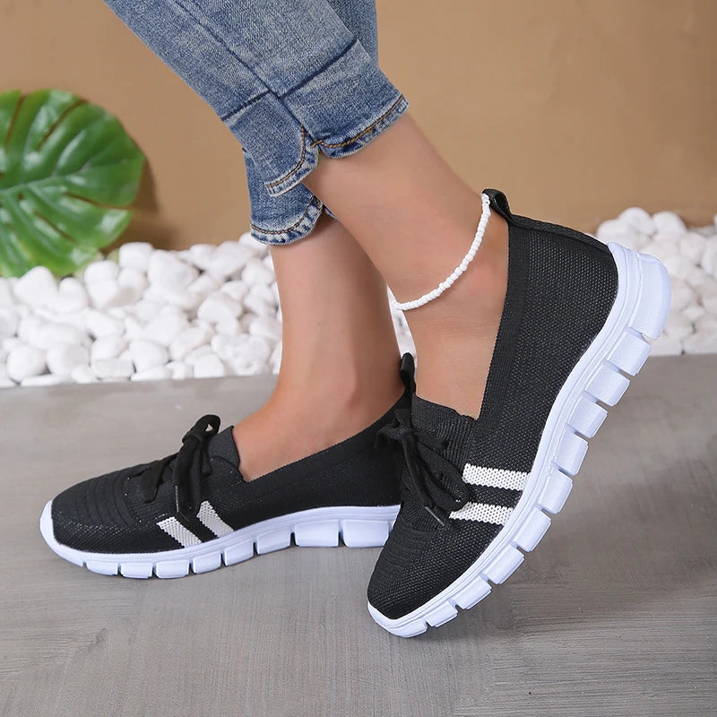 Scarpe basse in maglia traspiranti per donna 2023 Sneakers casual a righe autunnali Donna comode scarpe da passeggio antiscivolo con suola morbida