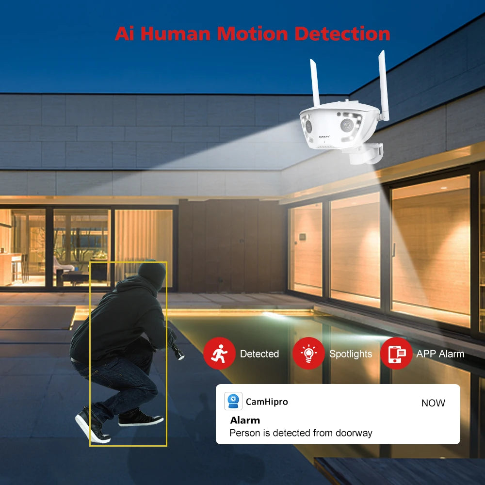 Telecamera di sorveglianza Wifi esterna 4MP POE doppia lente 180 ° ultra grandangolare AI telecamera di sicurezza rilevamento umano Camhipro APP