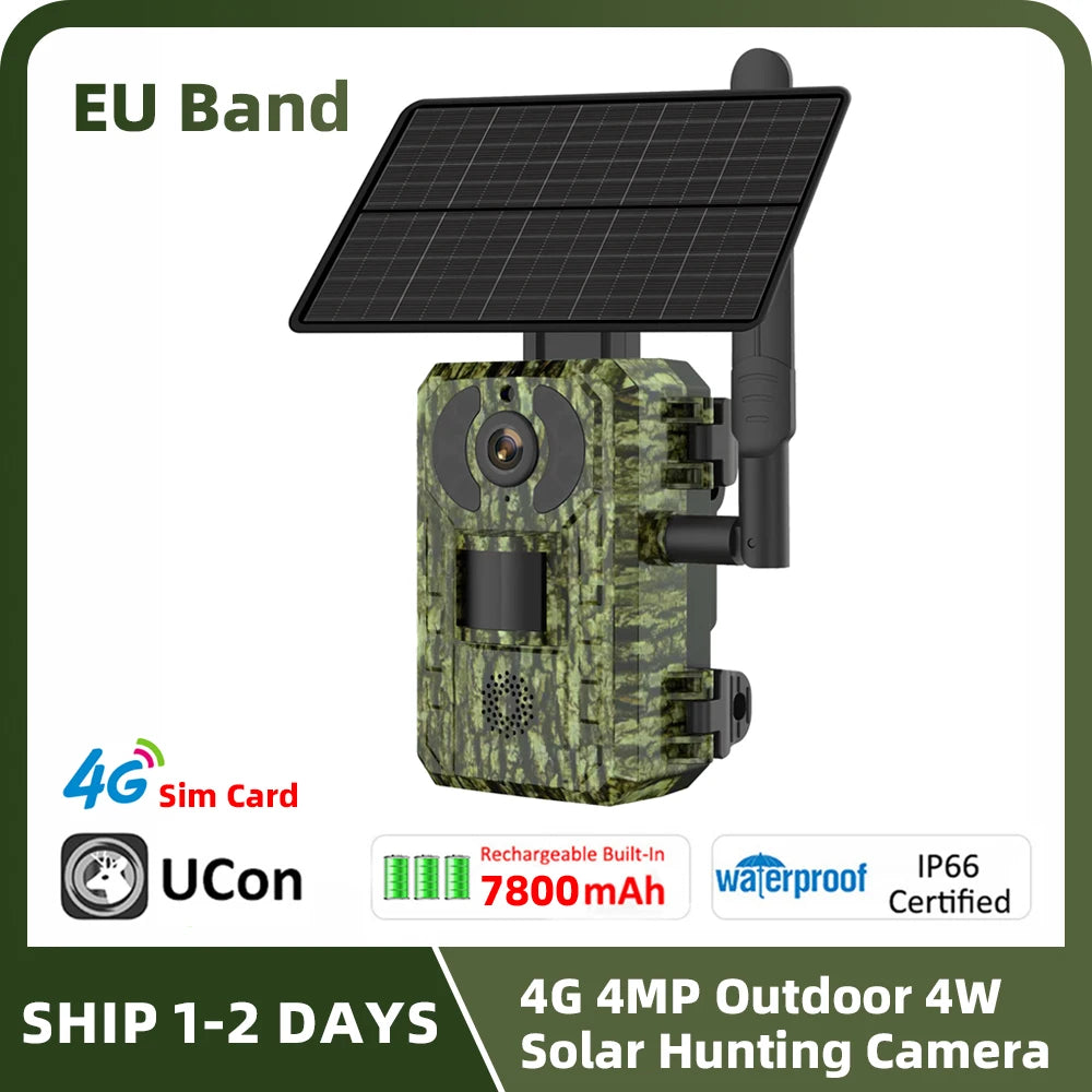 UCON APP EU Caccia Trail Camera 4g 4MP 4W 7800mAh Batteria Pannello solare Attivazione del movimento Trigger Wildlife Cam con visione notturna