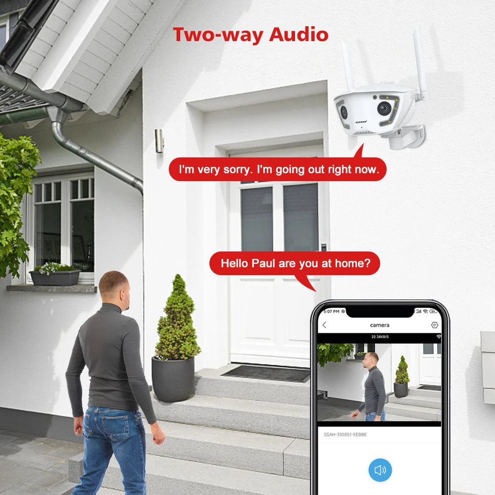 Telecamera di sorveglianza Wifi esterna 4MP POE doppia lente 180 ° ultra grandangolare AI telecamera di sicurezza rilevamento umano Camhipro APP