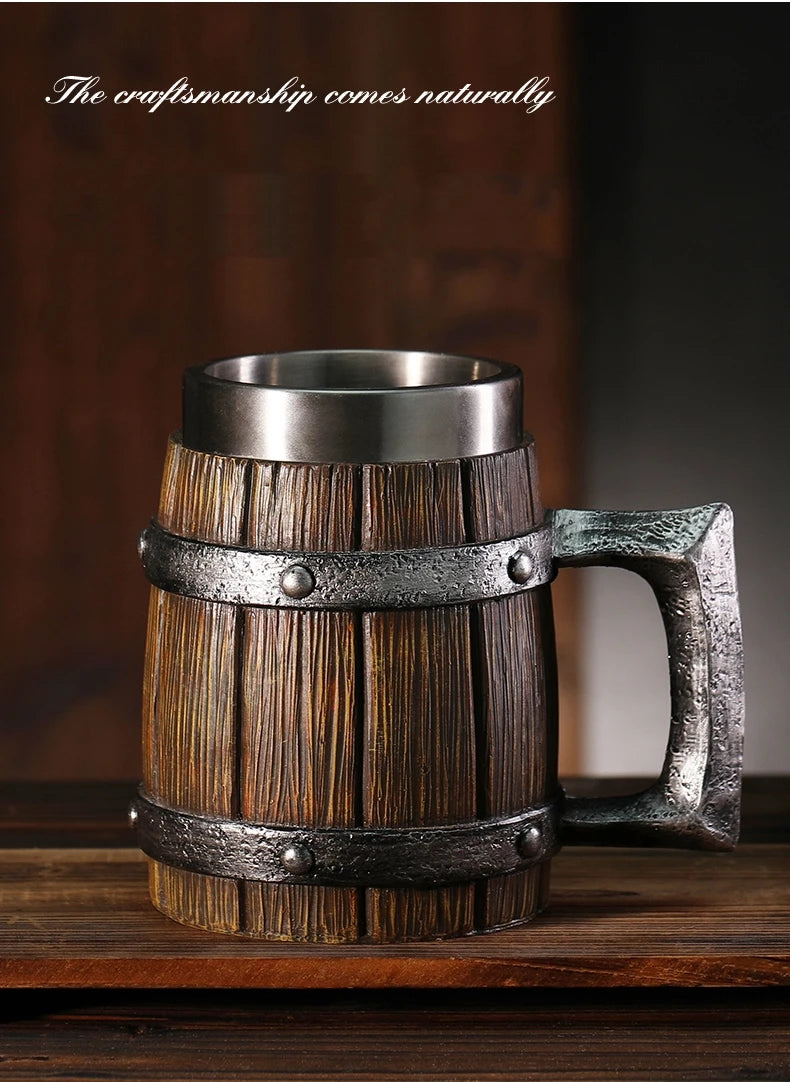 Boccale da birra in stile legno vichingo Tazza da caffè in acciaio inossidabile in resina