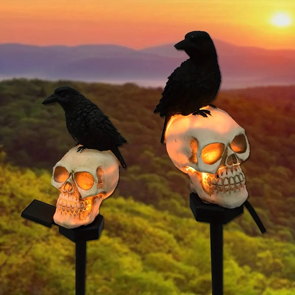 Solar Resin Halloween Crow Skull Light Outdoor