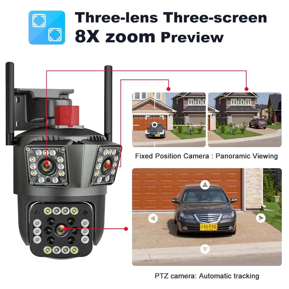 6K 12MP Telecamera IP di protezione di sicurezza 4K 8MP Dual Lens Outdoor Wireless AI Tracking PTZ Tre schermi CCTV Video sorveglianza