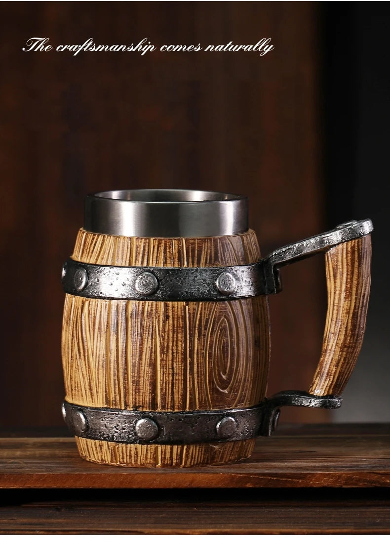 Boccale da birra in stile legno vichingo Tazza da caffè in acciaio inossidabile in resina