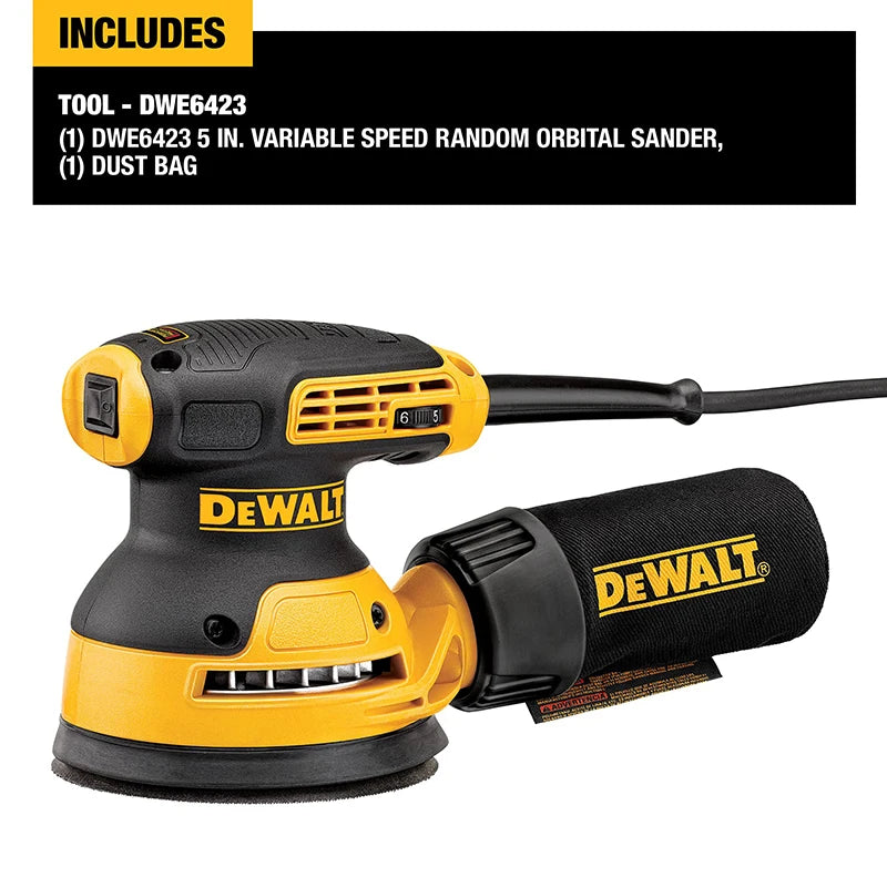 Dewalt DWE6423 Levigatrice orbitale casuale classica da 280 W a velocità variabile da 5 pollici con raccolta polvere per la lavorazione del legno 220 V