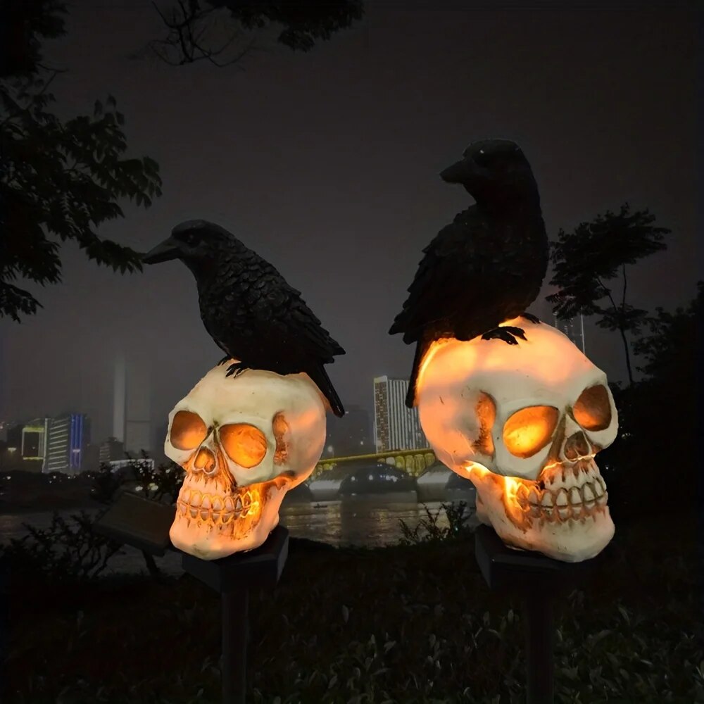 Solar Resin Halloween Crow Skull Light Outdoor