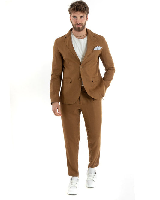 Abito Uomo Monopetto Completo Lino Sartoriale Giacca Pantaloni Tinta Unita Camel