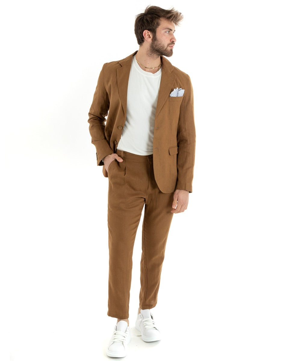 Abito Uomo Monopetto Completo Lino Sartoriale Giacca Pantaloni Tinta Unita Camel