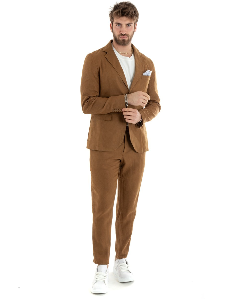 Abito Uomo Monopetto Completo Lino Sartoriale Giacca Pantaloni Tinta Unita Camel