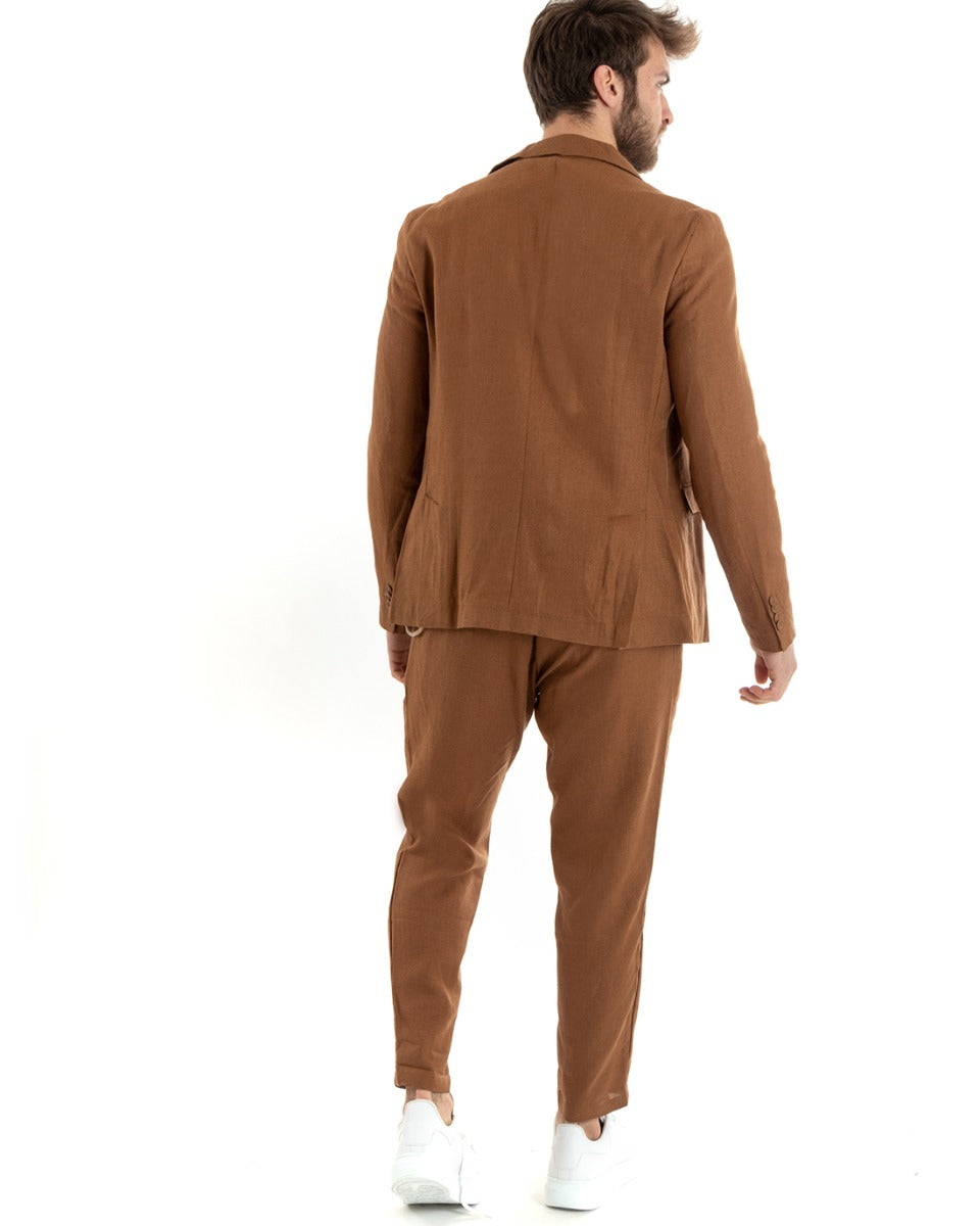 Abito Uomo Monopetto Completo Lino Sartoriale Giacca Pantaloni Tinta Unita Camel