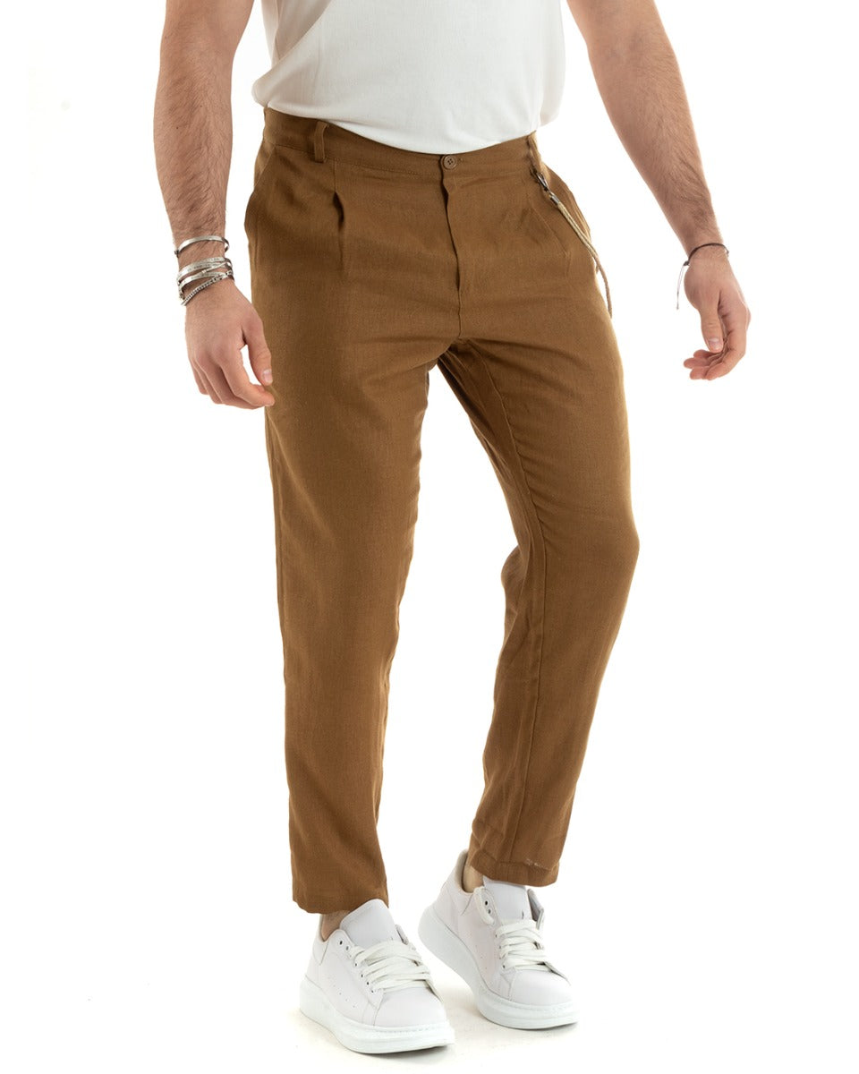 Abito Uomo Monopetto Completo Lino Sartoriale Giacca Pantaloni Tinta Unita Camel