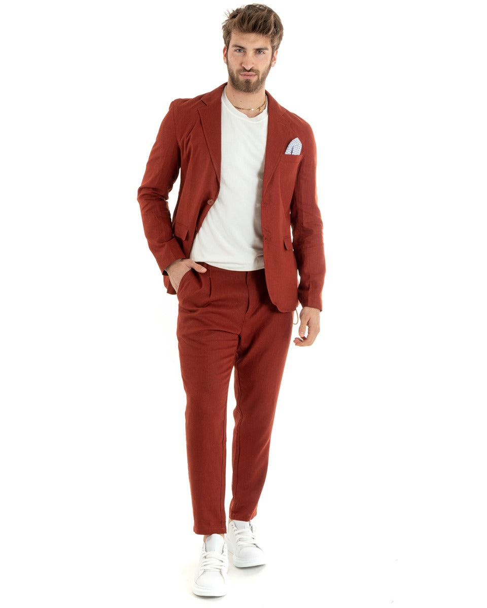 Abito Uomo Monopetto Completo Lino Sartoriale Giacca Pantaloni Tinta Unita Mattone