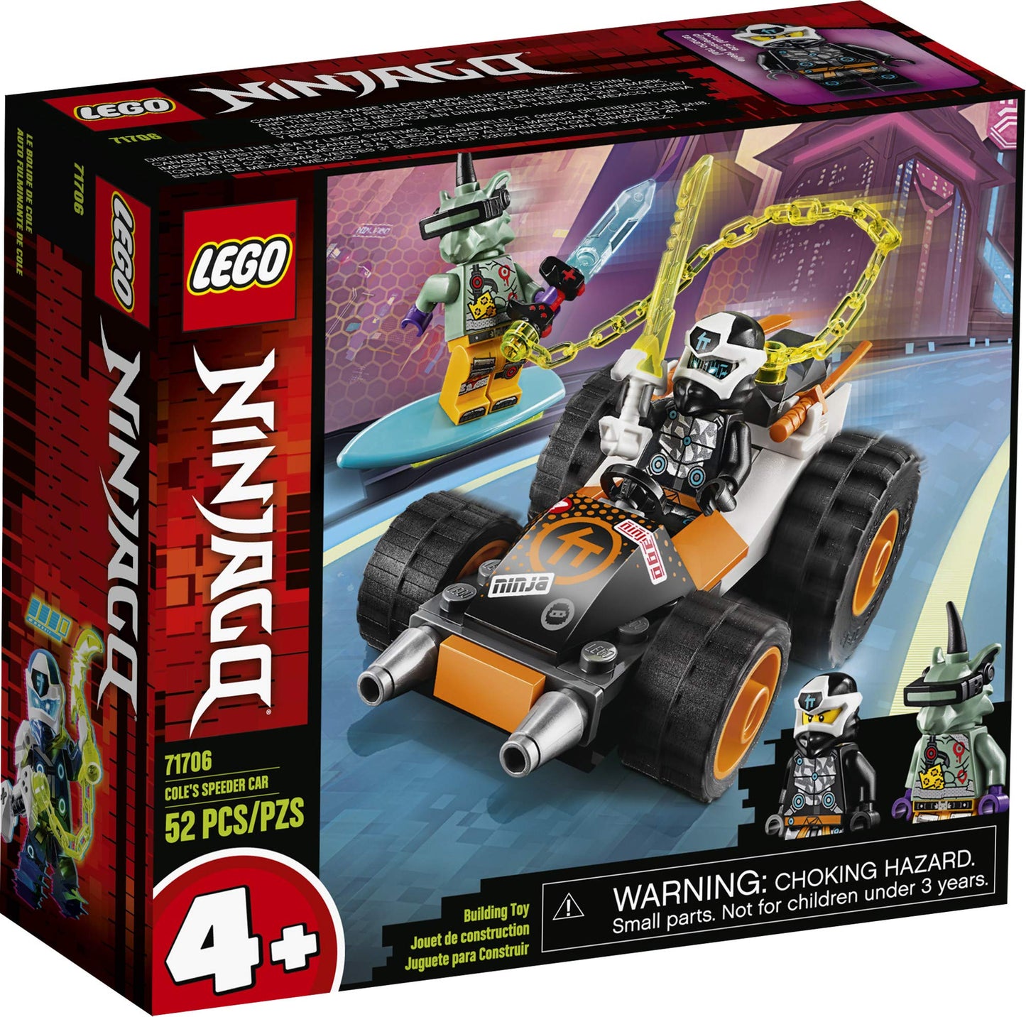 LEGO &amp; NINJAGO Cole’s Speeder Car 71706 Ninja Car Building Kit (52SPECIFICATIONSWarning: 4+Recommend Age: 12+y,18+,14+yPlastic Type: ABSPlastic Block Shape: Self-Locking BricksOrigin: Mainland ChinaModel Number: 71706Material: Plasmattoncino LegoIntermedia WorldI'M'"WorldSpeeder Car 71706 Ninja Car Building Kit (52 Pieces)