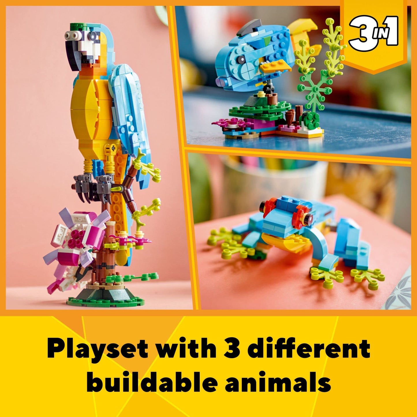 LEGO Creator 3 in 1 Exotic Parrot to Frog to Fish 31136SPECIFICATIONSWarning: 7+yRecommend Age: 12+y,18+,14+yPlastic Type: ABSOrigin: Mainland ChinaModel Number: 31136Material: PlasticGender: UnisexBrand Name: LEGOBlock mattoncino LegoIntermedia WorldI'M'"World1 Exotic Parrot