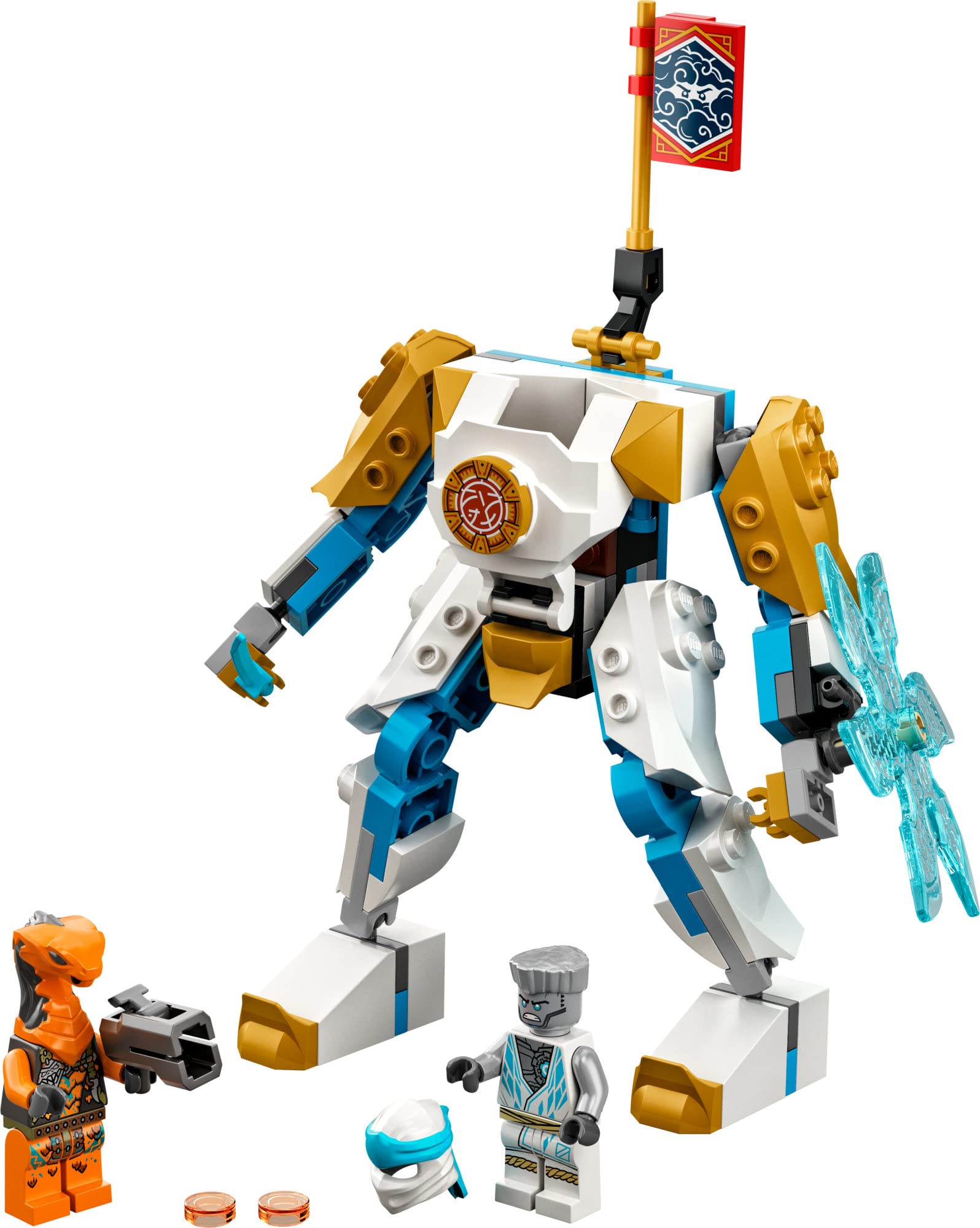 LEGO &amp; Ninjago Zane’s Power Up Mech EVO 71761SPECIFICATIONSWarning: 6+yRecommend Age: 12+yPlastic Type: ABSPlastic Block Shape: Irregular ShapePhysical size: 12cm highPackaging size: 19.1cm x 14.1cm x 4.6cmOrigmattoncino LegoIntermedia WorldI'M'"WorldLEGO &amp; Ninjago Zane’