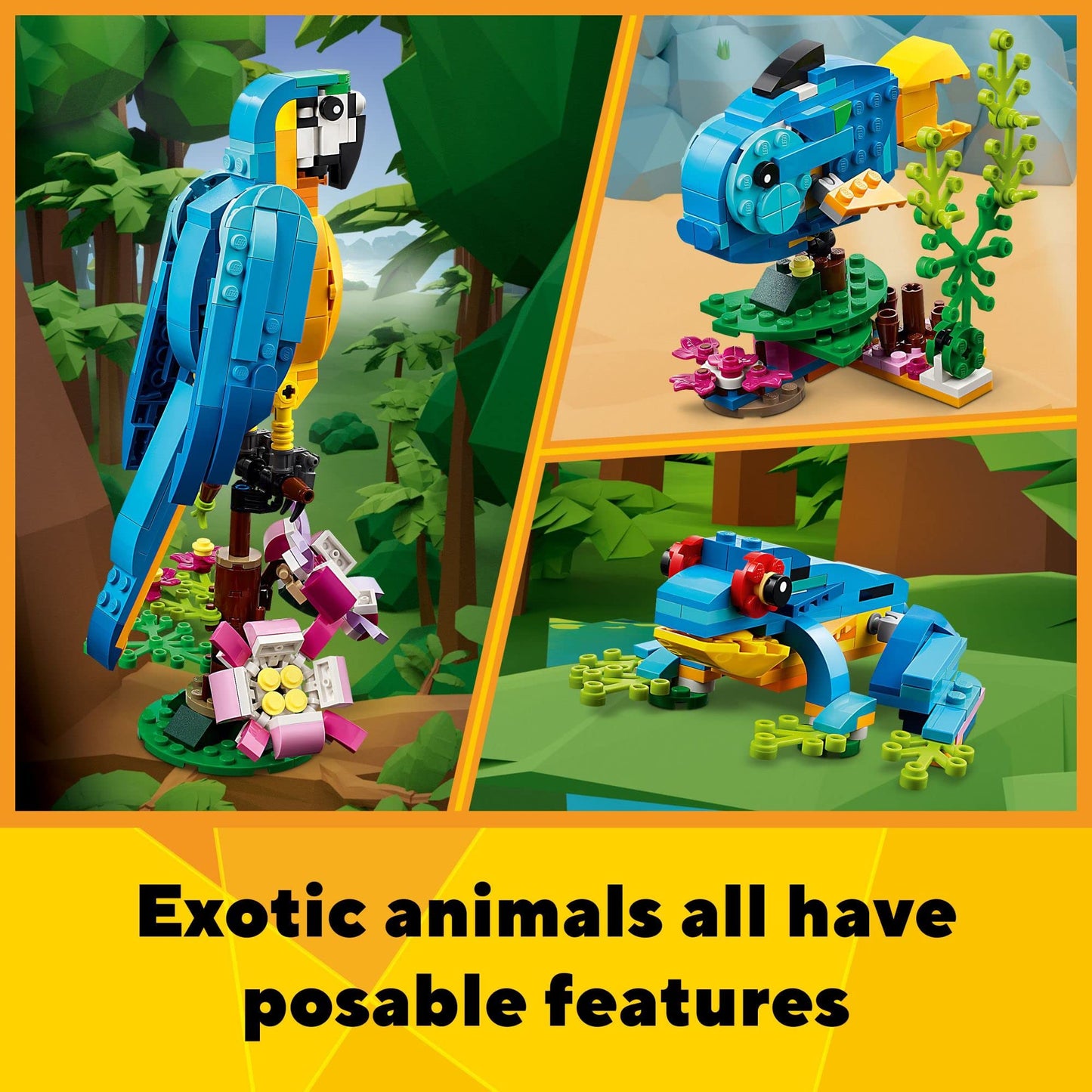 LEGO Creator 3 in 1 Exotic Parrot to Frog to Fish 31136SPECIFICATIONSWarning: 7+yRecommend Age: 12+y,18+,14+yPlastic Type: ABSOrigin: Mainland ChinaModel Number: 31136Material: PlasticGender: UnisexBrand Name: LEGOBlock mattoncino LegoIntermedia WorldI'M'"World1 Exotic Parrot